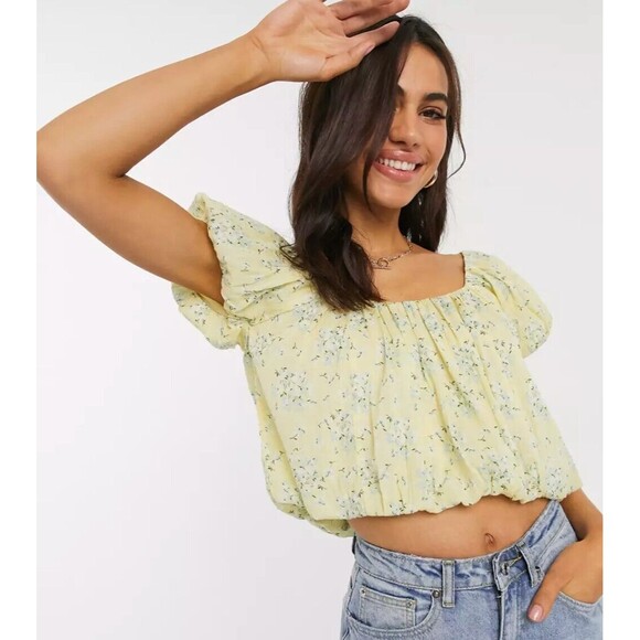 Asos Top Women 14 Yellow Ditsy Floral Print with Bubble Hem Whimsical Fairycore - Picture 1 of 8